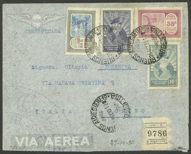 26/OC/1932 Rosario - Italy, registered airmail cover sent by ...