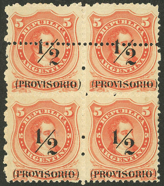 GJ.57d, block of 4, 2 examples with and 2 without perforation across ...