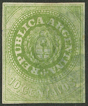 GJ.11, 10c. without accent, yellow-green, with mute barred OM cancel, ...