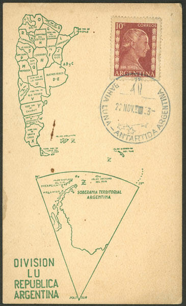 QSL card (map of Argentina, Argentine Antarctica) with postmark of ...