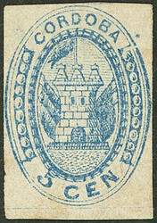 GJ.1, 5c. blue, with VARIETIES: outer frame line broken at top right ...