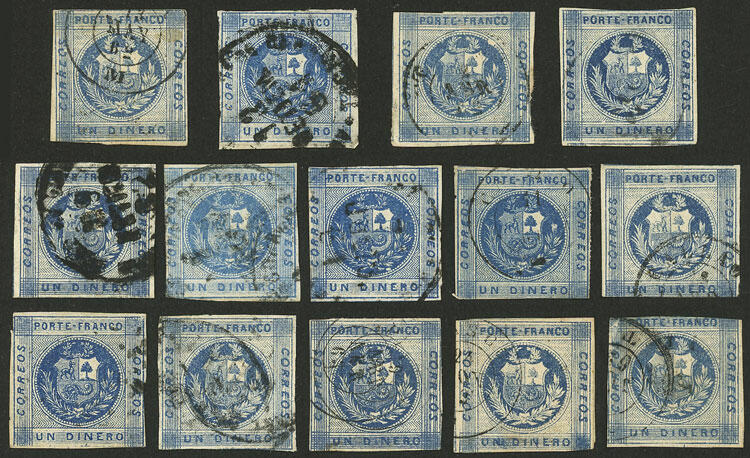 Sc.9 + other values, Un Dinero blue, 14 used examples, several ...