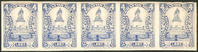 Yvert 12, 1898 4c., PROOF in ultramarine blue (not adopted), strip of ...