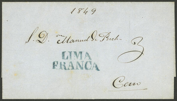 Folded cover dated "1849" sent to Cerro, with the 2-line "LIMA - ...