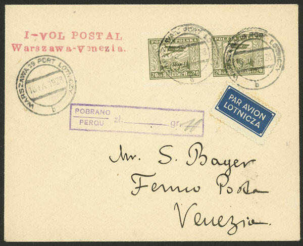 18/SE/1927 Warszawa - Venezia, first airmail, with arrival backstamp ...