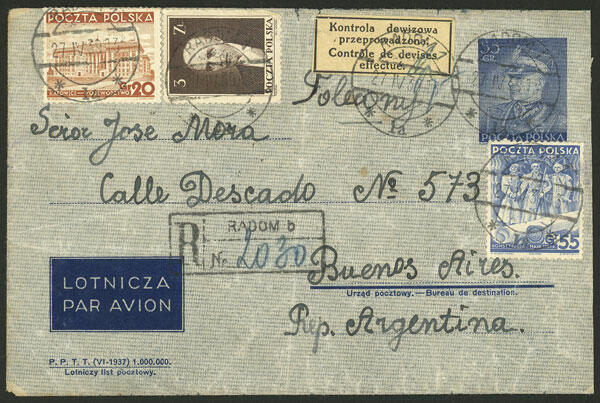 27/AP/1939 Radom - Argentina, airmail stationery envelope of 55gr. + ...