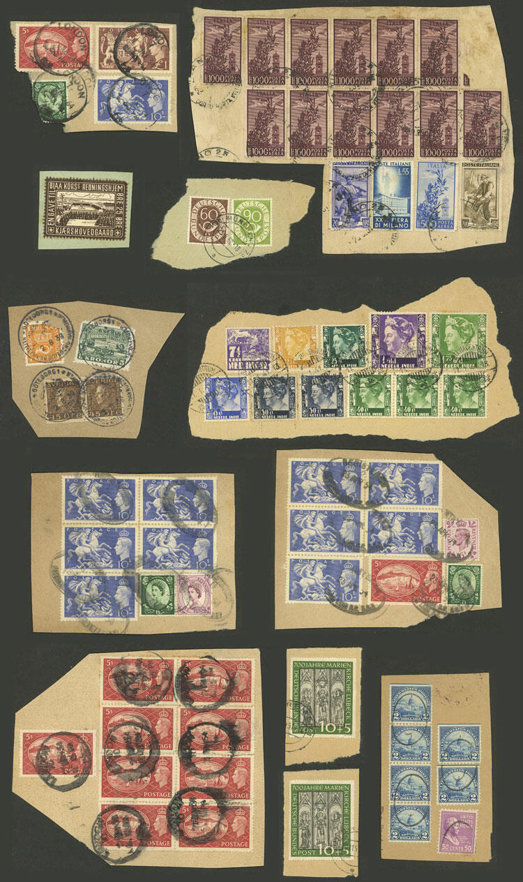Group of stamps of high value on fragments of covers or parcel post, ...