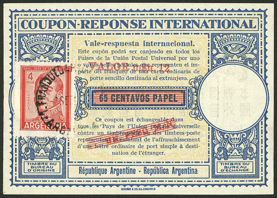 IRC of 65c. papel with 3 overprints, one with stamp of 4P. San Martin ...