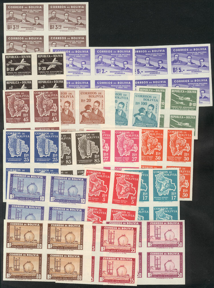 18 Different imperforate blocks of 4, very thematic: Oil refinery, ...