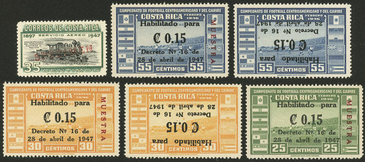 SPECIMENS + VARIETIES: 6 Airmail stamps overprinted "MUESTRA" or ...