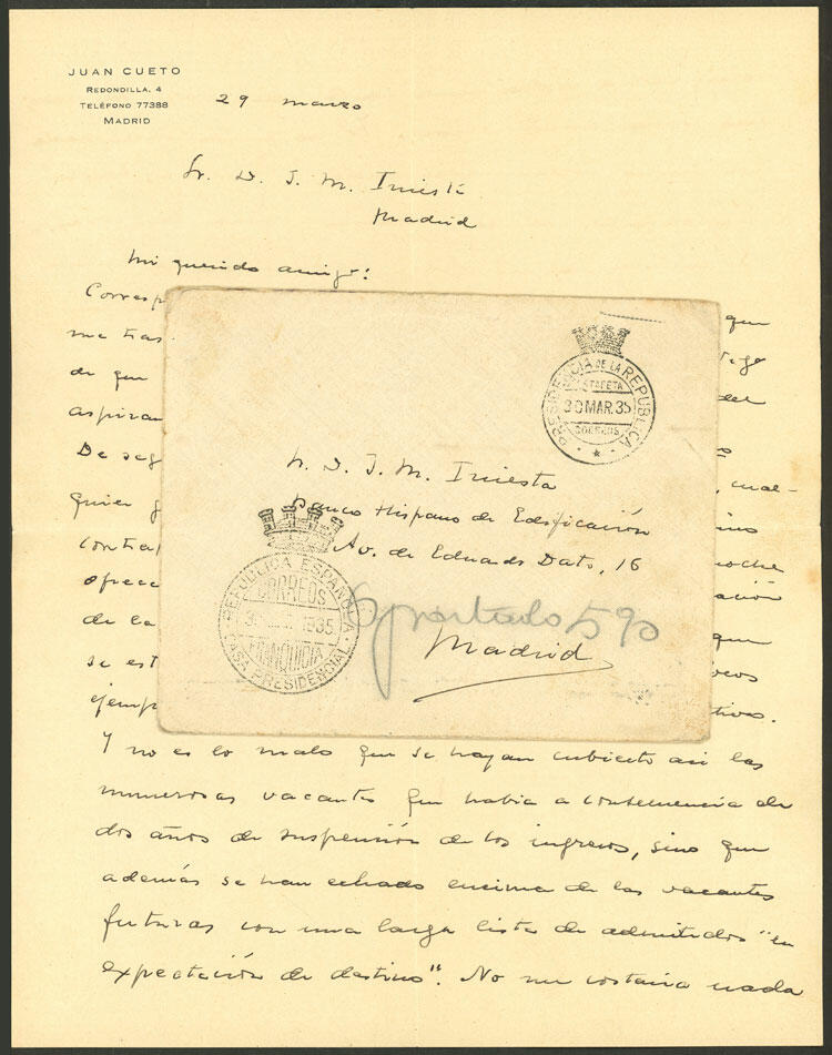 HAND-WRITTEN LETTER OF JUAN CUETO and official envelope: Long letter ...