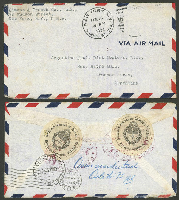 CRASH COVER: Cover sent from New York to Argentina on 18/FE/1939 with ...