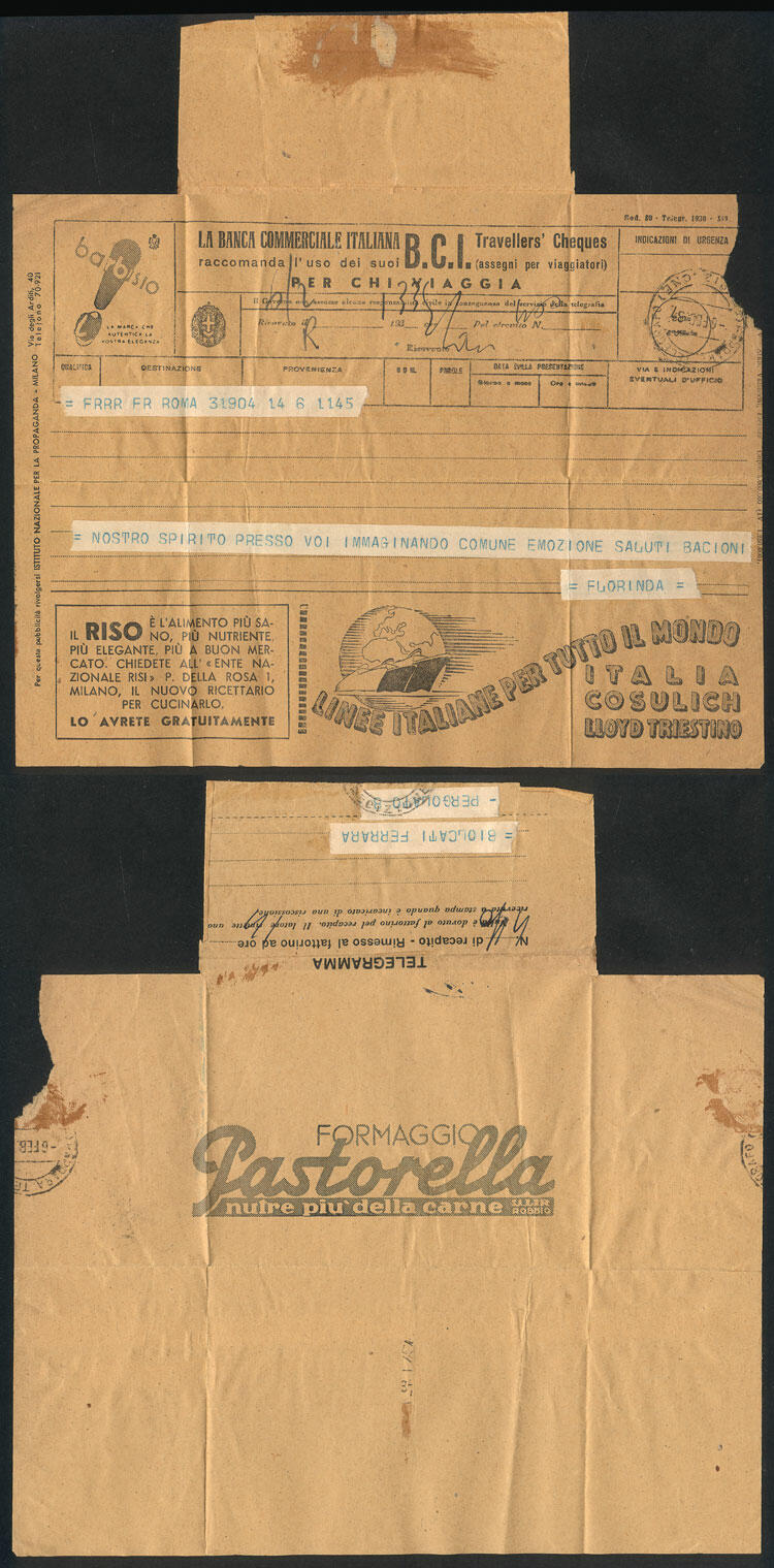 Telegram sent from Roma to Pergolato on 6/FE/1938, with interesting ...