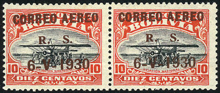 Sc.C13, 1930 Zeppelin, pair of 10c. with BROWN overprint instead of ...