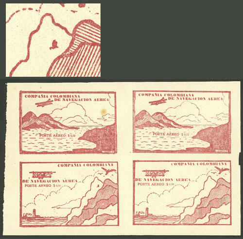 Yvert 11, 10c. carminish red (airplane and mountains), block of 4 of ...