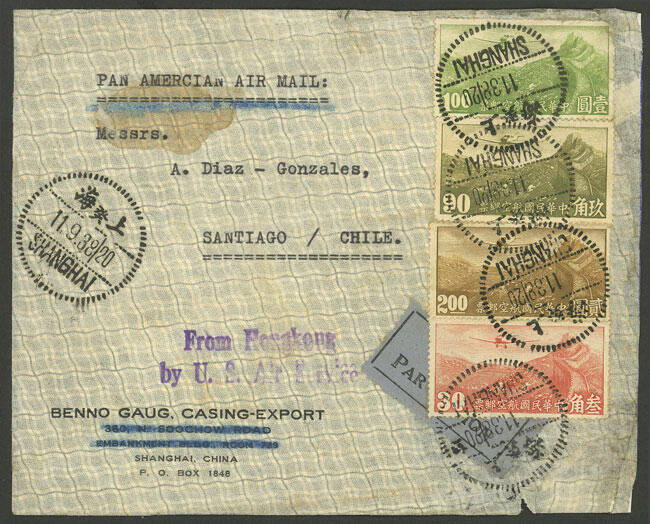 11/SE/1938 Shanghai - Chile, airmail cover with good $4.20 postage, ...