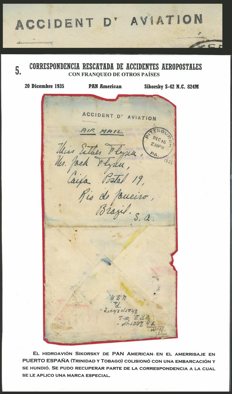 AIRPLANE CRASH: 16/DE/1935 Pittsburgh to Brazil, airmail cover sent ...
