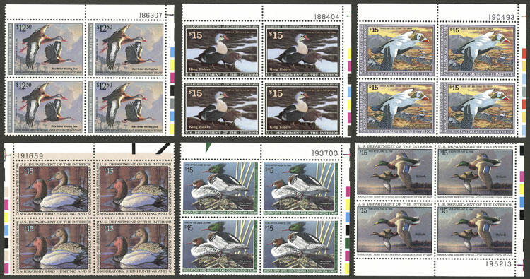 HUNTING PERMIT STAMPS: 6 MNH blocks of 4 of excellent quality, ...