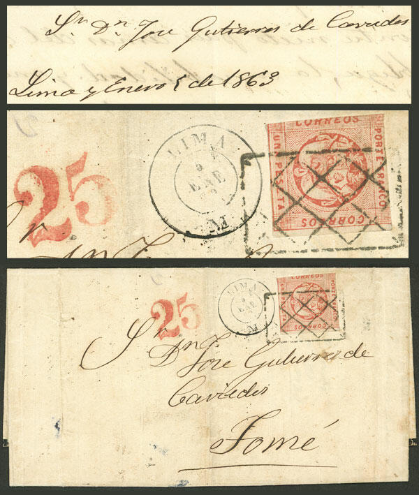 Entire letter dated Lima 5/JA/1863 franked with stamp of 1P. carmine ...