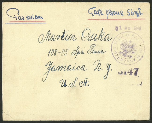 Airmail cover sent to USA on 1/MAY/1946 without postage, with ...