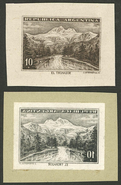 Die essay of an unadopted design, 10c. Tronador mountain, 2 different ...