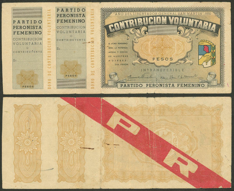 PERONISM: Extremely rare proof of a contribution voucher for the ...