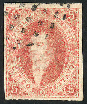 GJ.16, 5c. rose-red, 1st printing imperf, worn impression, with 6x6 ...