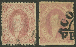GJ.19, 2 used stamps of 1st and 2nd printing (very clear and very ...