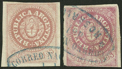 GJ.7 + 7A, 5c. with accent, used in Rosario, in rose + salmon rose