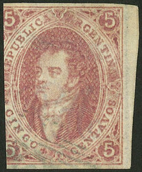GJ.16, 5c. 1st printing, IMPERFORATE, with large right sheet margin ...