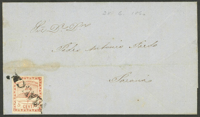 GJ.1, 5c. red franking a folded cover sent to Paraná, with "FRANCA" ...