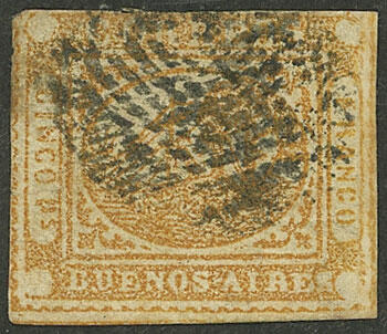 GJ.8, Cinco Ps. ocher-yellow, with "ponchito" cancel, 3 very good ...