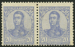 GJ.284a, 1908 20c. San Martín in oval, pair WITH AND WITHOUT ...