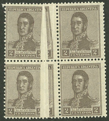 GJ.545, 1922 2c. San Martin with sun watermark, block of 4, 2 of them ...