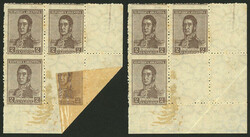 GJ.545, 1922 2c. San Martín with large sun wmk, corner block of 4 ...