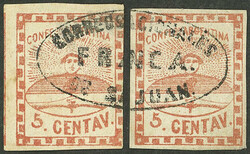GJ.1, 5c. red, 2 used stamps, each one with a half of the ellipse ...