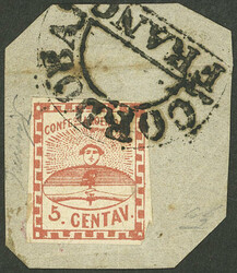 GJ.1, 5c. red, on fragment with complete "CORDOBA - FRANCA" cancel in ...