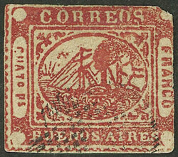 GJ.7, Cuatro Ps. red, used with light "ponchito" cancel, two ample ...