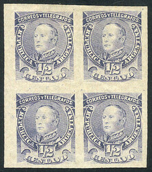 GJ.97AP, 1889 ½c. Urquiza in gray-blue, IMPERFORATE block of 4, mint ...