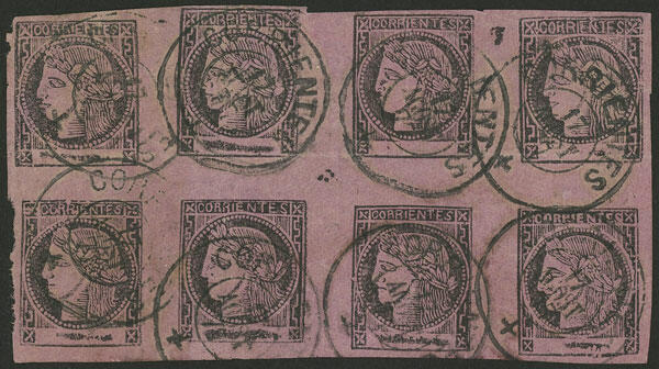 GJ.13, 3c. redish lilac, block with the 8 types, datestamp of ...