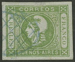GJ.16, 4 Reales green, worn impression, used, small thins, fine ...