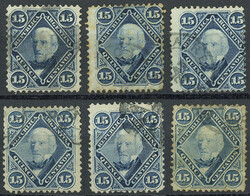 GJ.40 + 41, 1867 San Martín 15c., 6 examples showing the progress of ...