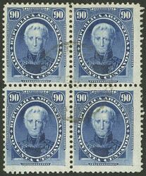GJ.44, 90c. Saavedra, block of 4 postally used, VF quality, very rare ...