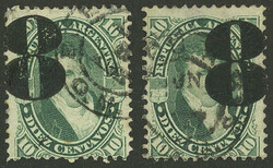 GJ.47, 8c. on 10c., 2 examples with overprints shifted in different ...