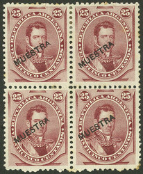 GJ.56, 25c. Alvear, with "MUESTRA" ovpt., block of 4, hinged and with ...