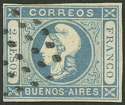 GJ.20, 2 Pesos light blue, clear impression, used, 4 complete margins ...