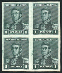 GJ.148, 1P. San Martín, block of 4 proof in green, printed on glazed ...