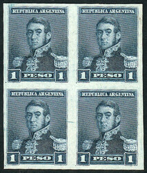 GJ.148, 1P. San Martín, proof printed in blue on glazed card, block ...