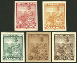 GJ.217, ½c. Seated Liberty, 5 proofs in different colors, on glazed ...