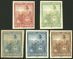 GJ.227, 15c. Seated Liberty, 5 proofs in different colors, on glazed ...